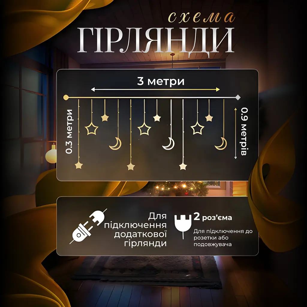 Гирлянда-штора GarlandoPro Луна и звезды размер 3x0.9 м 12 фигур, мультиколор (WYF11ML) - фото 2