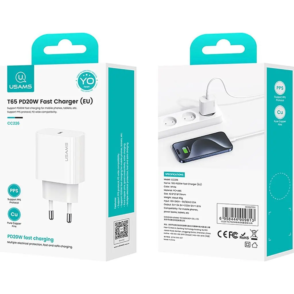 Мережевий зарядний пристрій Usams T65 USB-C 20W White (CC226TC01) [111162] - фото 3
