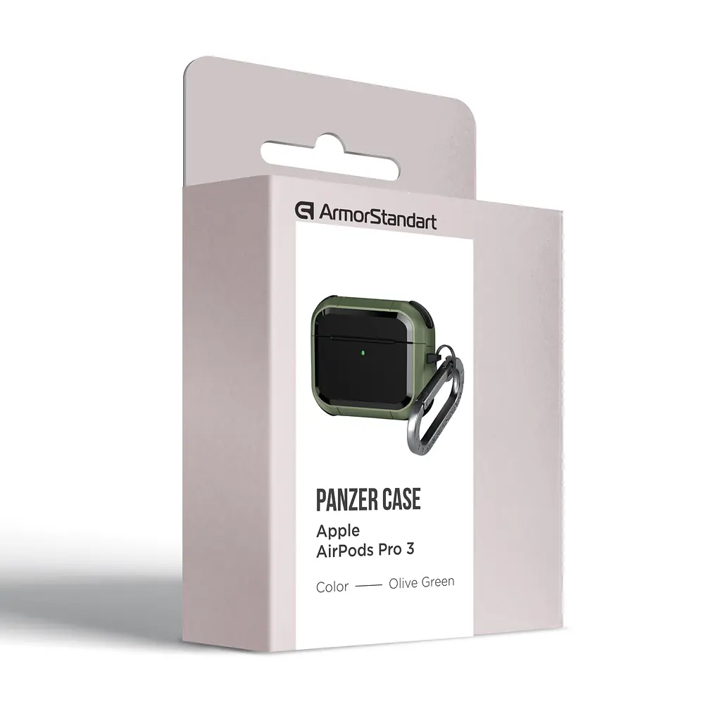Чохол для навушників Apple AirPods Pro 3, оливковий, Panzer, протиударний захисний кейс з TPU та полікарбонату, посилені стінки, захист від подряпин, пилу та ударів, легкий та компактний, з карабіном для кріплення, ArmorStandart (ARM88289) - фото 2