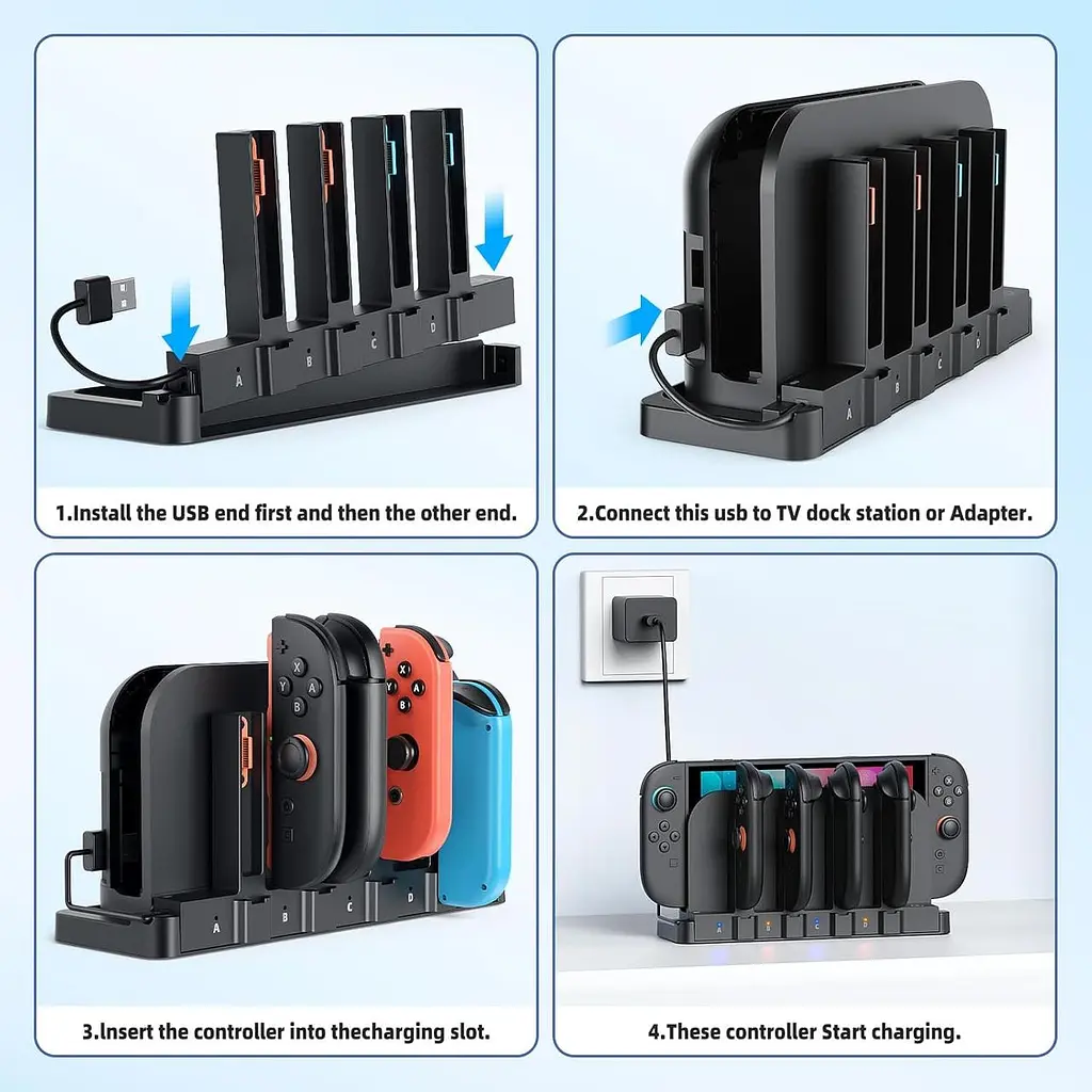 Зарядна док-станція YUANHOT 9-в-1 для контролерів Nintendo Switch 2, OLED, Original, Joy-Con двоспрямована магнітна станція чорна (SKU-032) - фото 5
