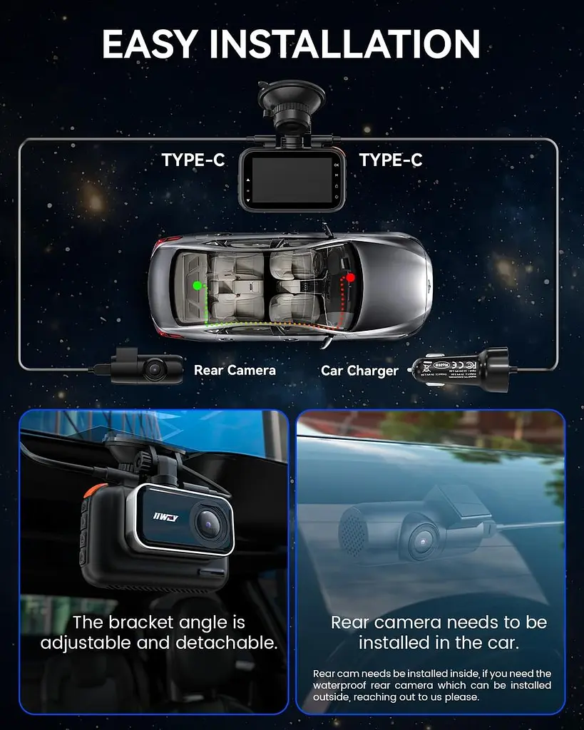Двухканальная камера IIWEY 4K Dash Cam спереди сзади, 3-дюймовый IPS-экран, 5G Wi-Fi 64GB SD-карта в комплекте, 4K 2160P - фото 6
