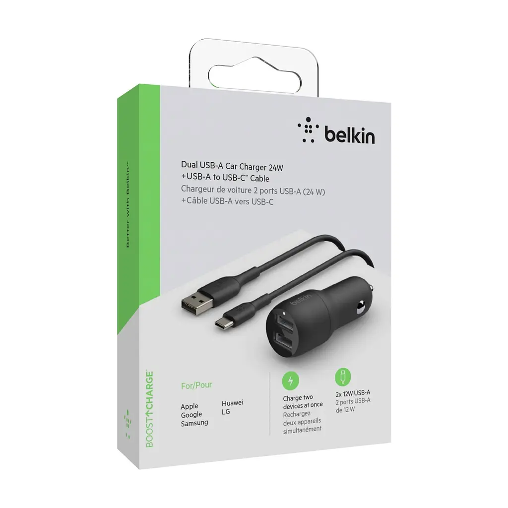 Зарядний пристрій Belkin Car Charger (24W) Dual USB-A, USB-A - USB-C, 1m, black (CCE001BT1MBK) - фото 5