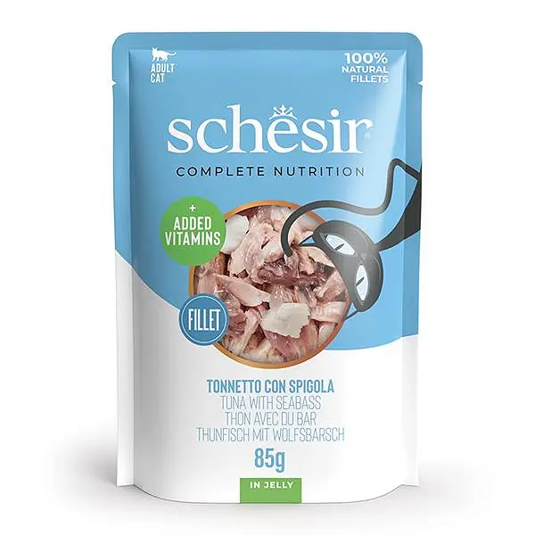 Вологий корм для котів Schesir Tuna with Seabass Шезір тунець з морським окунем в желе натуральні консерви пауч 85 г (171054)