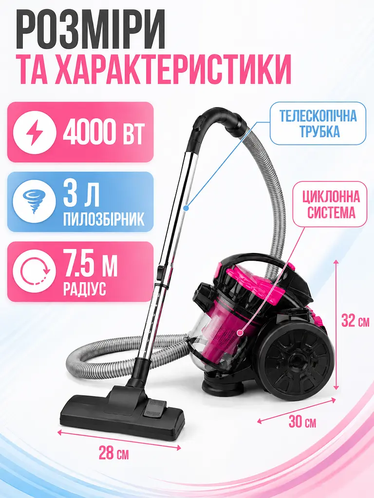 Пилосос циклонний без мішка рожевий 4000 Вт контейнер 3 л (49676033) - фото 8