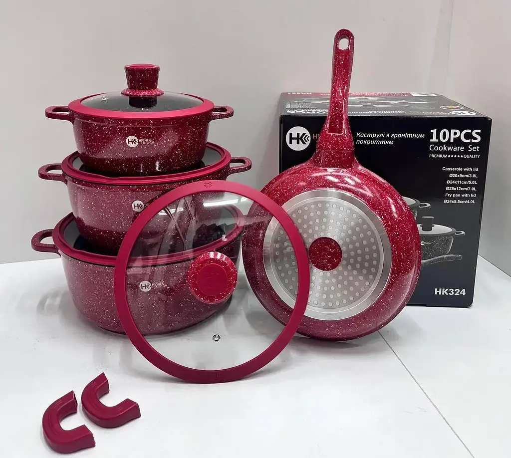 Набір каструль і сковорода Higher Kitchen HK-305, Набір посуду з антипригарним покриттям (Червоний, Чорний) - фото 5