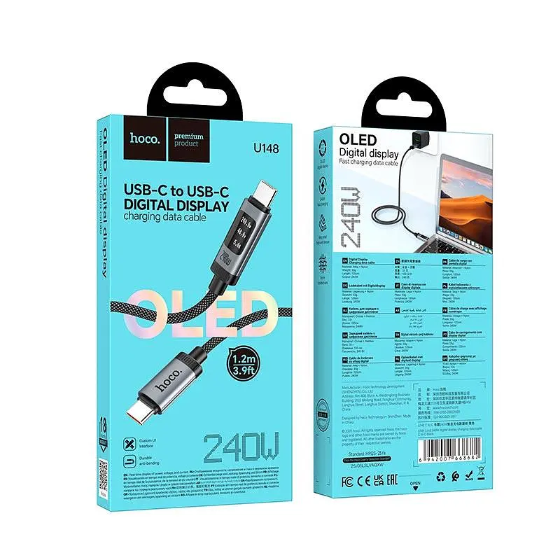 Кабель HOCO Type-C to Type-C Lord digital display charging data cable U148 1.2m, 5A, 240W - фото 2