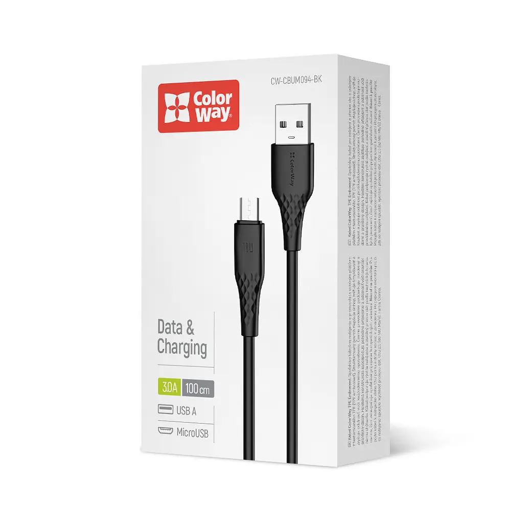Кабель ColorWay USB - micro USB (M/M), textured PVC, 3А, 1 м, Чорний (CW-CBUM094-BK) - фото 4