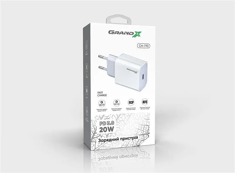 Мережевий зарядний пристрій Grand-X (1xUSB-C 20W) QC4.0, PD 3.0, FCP, AFC Білий (CH-770) - фото 4