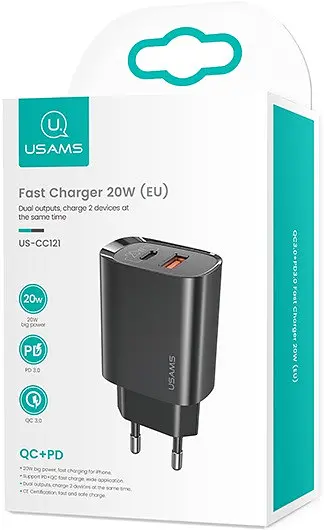 Зарядный адаптер блок сетевой USAMS T35 Fast Charger US-CC121 2 порта 20 Вт черный - фото 2