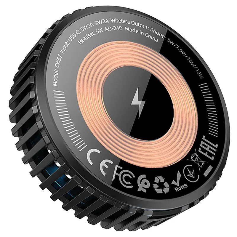 БЗП CW57 Air-cooled 15W magnetic wireless fast charger Black Hoco teh0029869 - фото 3