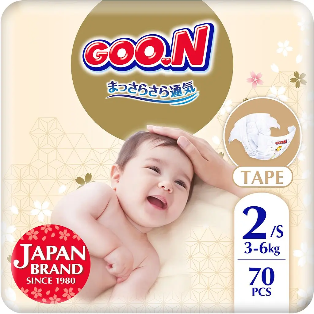 Упаковка подгузников для детей Goo.N Premium Soft 2 S (3-6 кг) на липучках унисекс 140 шт. (70 шт. х 2 шт.) - фото 2