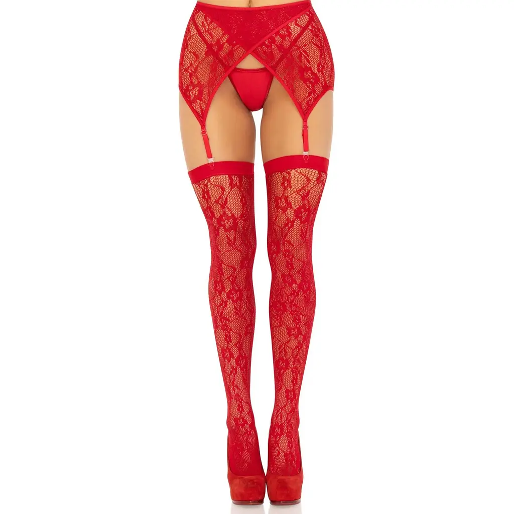 Панчохи Leg Avenue Leg Avenue Lace thigh highs & garterbelt Red One Size - фото 4