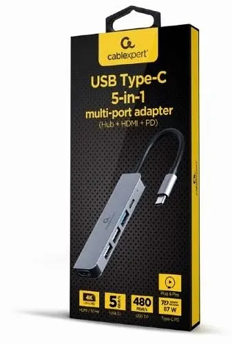 Хаб USB "5-in-1", Grey, Type-C 3.1 - 1xType-C (87 Вт) / 1xUSB 3.1 / 2xUSB 2.0 / HDMI 4K Cablexpert teh0027586 - фото 2
