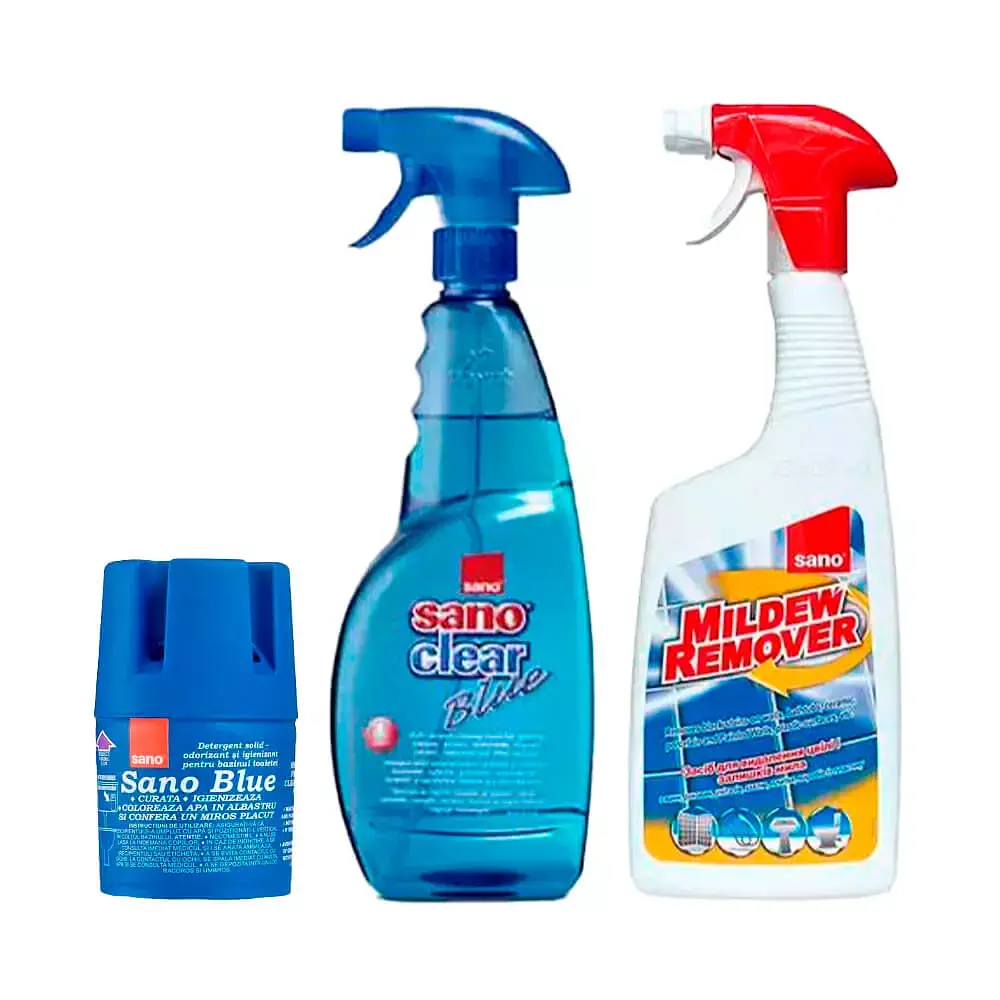 Набір Sano Бачок для миття унітазу Blue Flash, Засіб для видалення цвілі Mildew Remover, Універсальний засіб Clear для стекол та поверхонь (287607, 293561, 425646)
