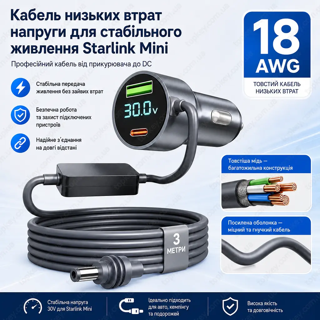 Кабель живлення Starlink Mini 3 м 30V 2A від прикурювача з бустером напруги 12V/24V USB-C USB-A для Starlink Gen3 - фото 9