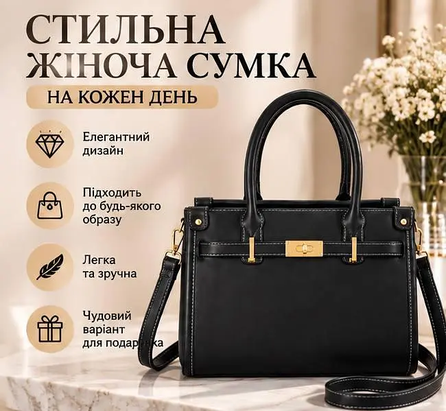 Сумка Classic з ременем через плече та ручками - елегантна містка модель із золотою застібкою чорна - фото 3