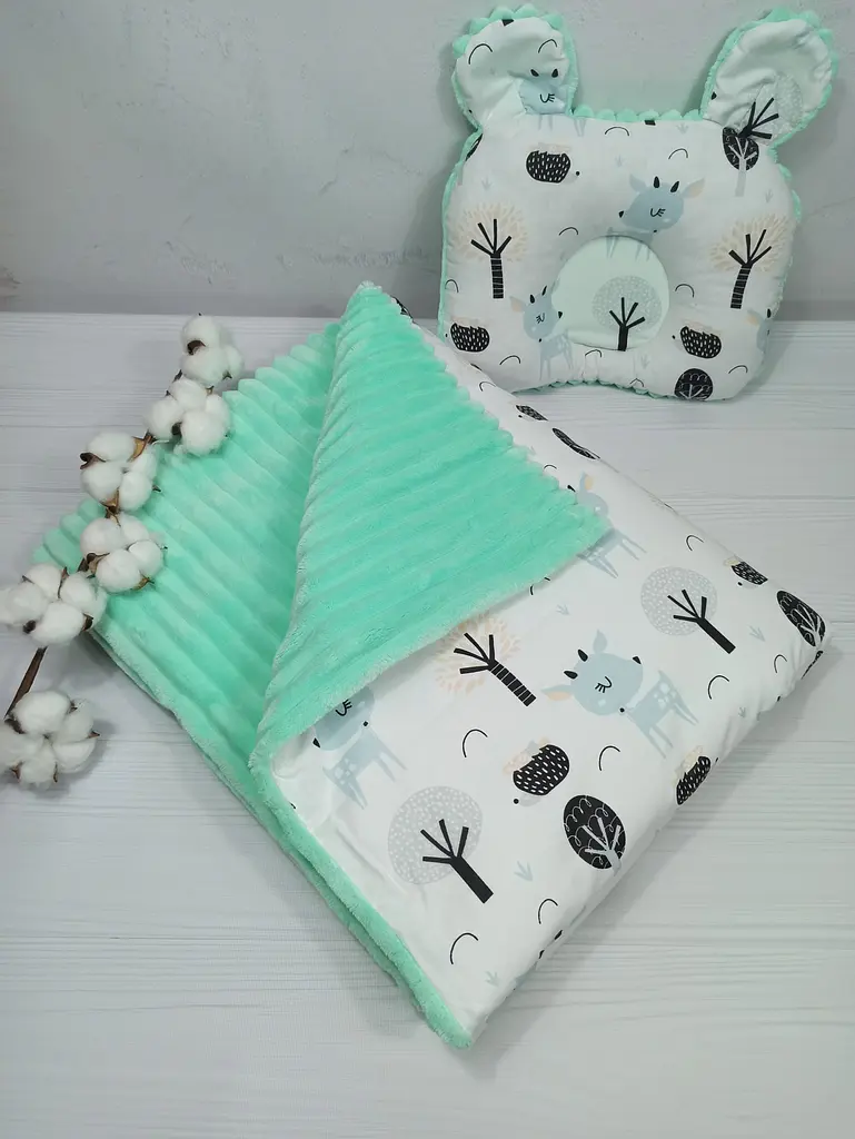 Плед для немовлят із знімним утеплювачем та подушка a.l.babybox Олені у лісі М'ятний