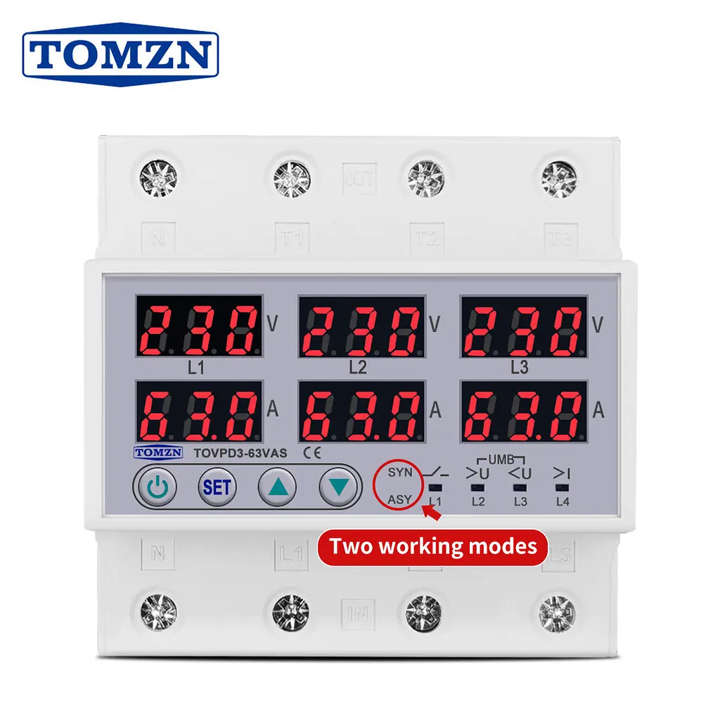 Цифрове реле контролю напруги та струму трифазне TOMZN TOVPD3-63VAS 63A 3x220V Розумний захисний автомат змінного струму (19600) - фото 2