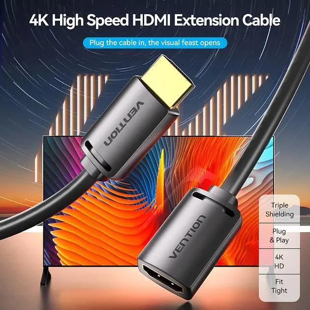 Удлинитель HDMI 2.0 Vention 2м 4K@60Hz, 1080p@120Hz 18 Гбит/с HDR 3D Черный (AHCBH) - фото 2