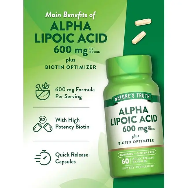 Альфа-липоевая кислота и биотин Nature's Truth Alpha Lipoic Acid 60 капсул быстрого высвобождения (NTH-10073) - фото 3