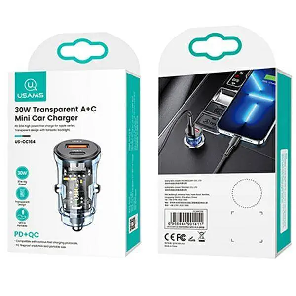 Автомобільний зарядний пристрій Usams 30W роз’єми Type-C та USB Синій (6958444901411) - фото 3