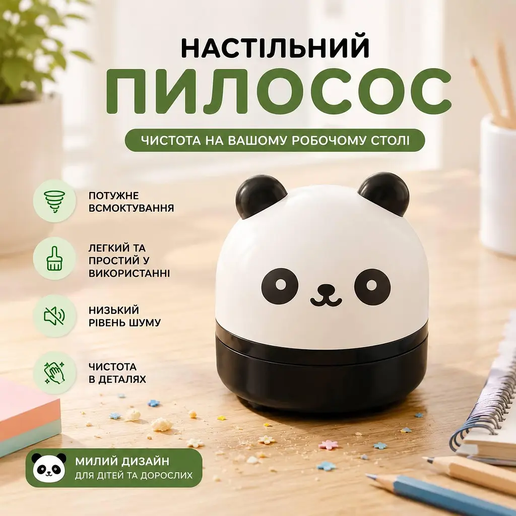 Настольный беспроводной мини пылесос Панда USB аккумуляторный пылесос для клавиатуры, стола и авто - фото 3