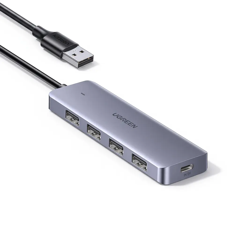 USB-хаб UGREEN CM219 концентратор вхід USB-A виходи 4 USB-A 3.0 до 5 Гбіт/с порт USB-C лише для живлення хаба для передавання даних не для заряджання без встановлення драйверів для Windows macOS Linux захист від перенапруги надмірного струму та перегрівання LED-індикатор роботи вбудований кабель 0,15 м темно-сірий (50985)