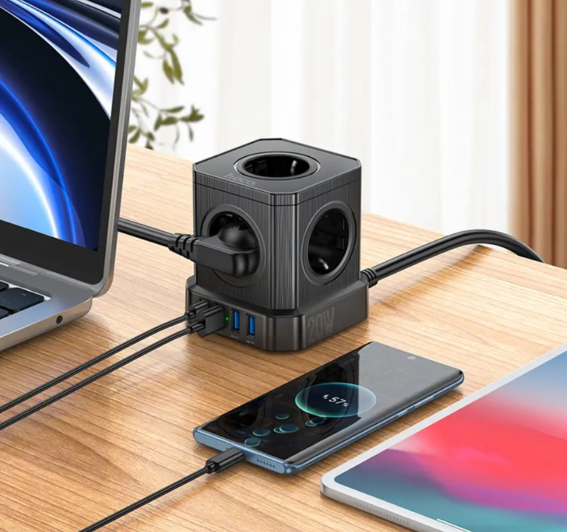 Мережевий зарядний пристрій подовжувач Hoco NS8 3 USB/Type-C 5 розеток 2 м - фото 4