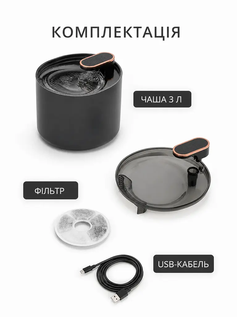 Автоматична поїлка для тварин 3 л фонтан USB з фільтром чорний (49676060) - фото 7