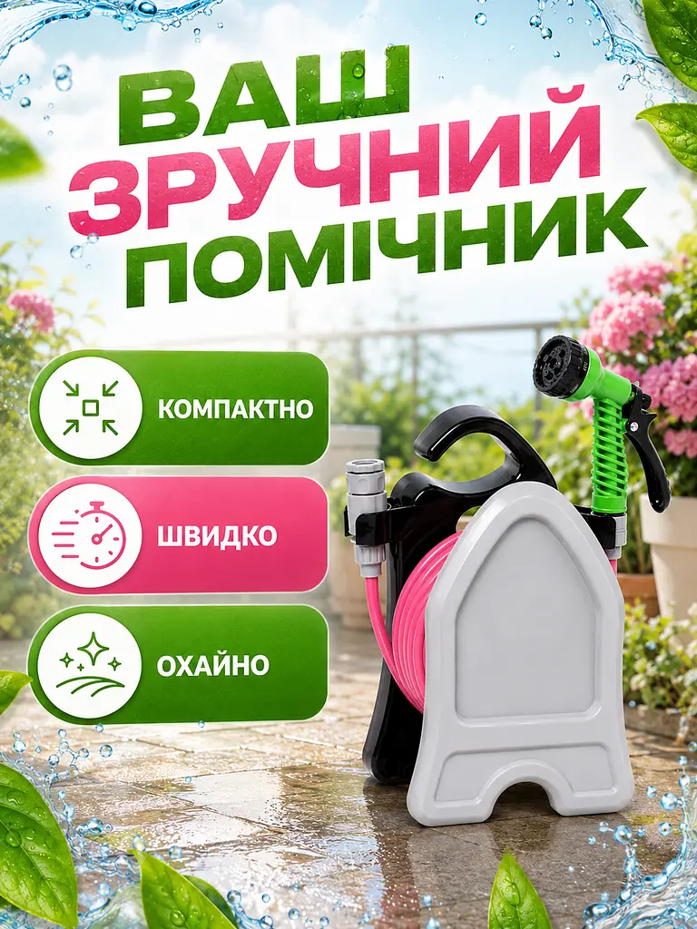 Шланг садовий 10 м з котушкою та розпилювачем 7 режимів рожевий (49675997) - фото 7