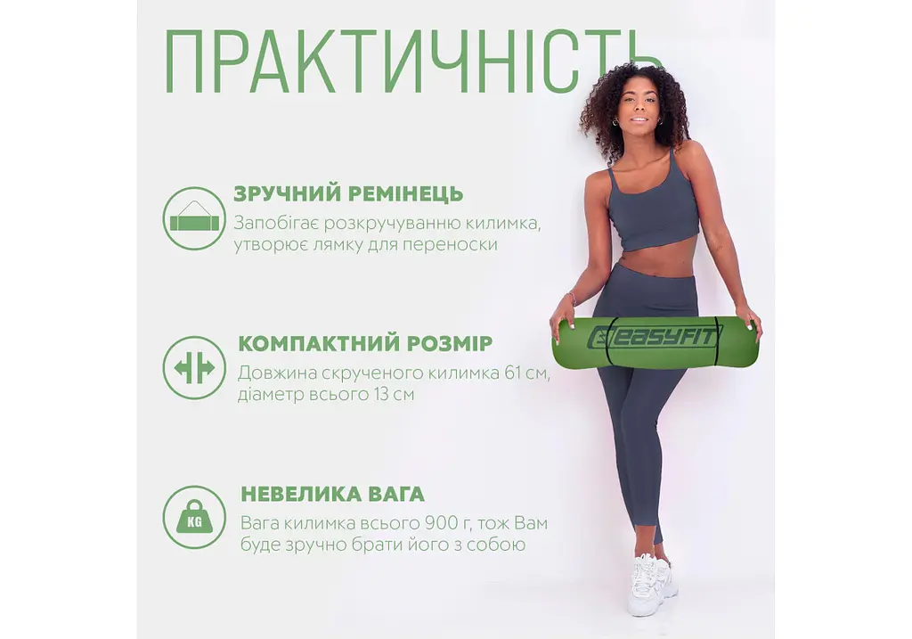 Килимок для йоги та фітнесу EasyFit TPE+TC 6 мм двошаровий зелений-сірий (EF-1924-GNGY) - фото 2