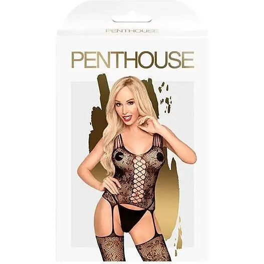 Бодістокінг з імітацією корсета та пояса для панчіх Penthouse - Love Bud Black S/L - фото 3
