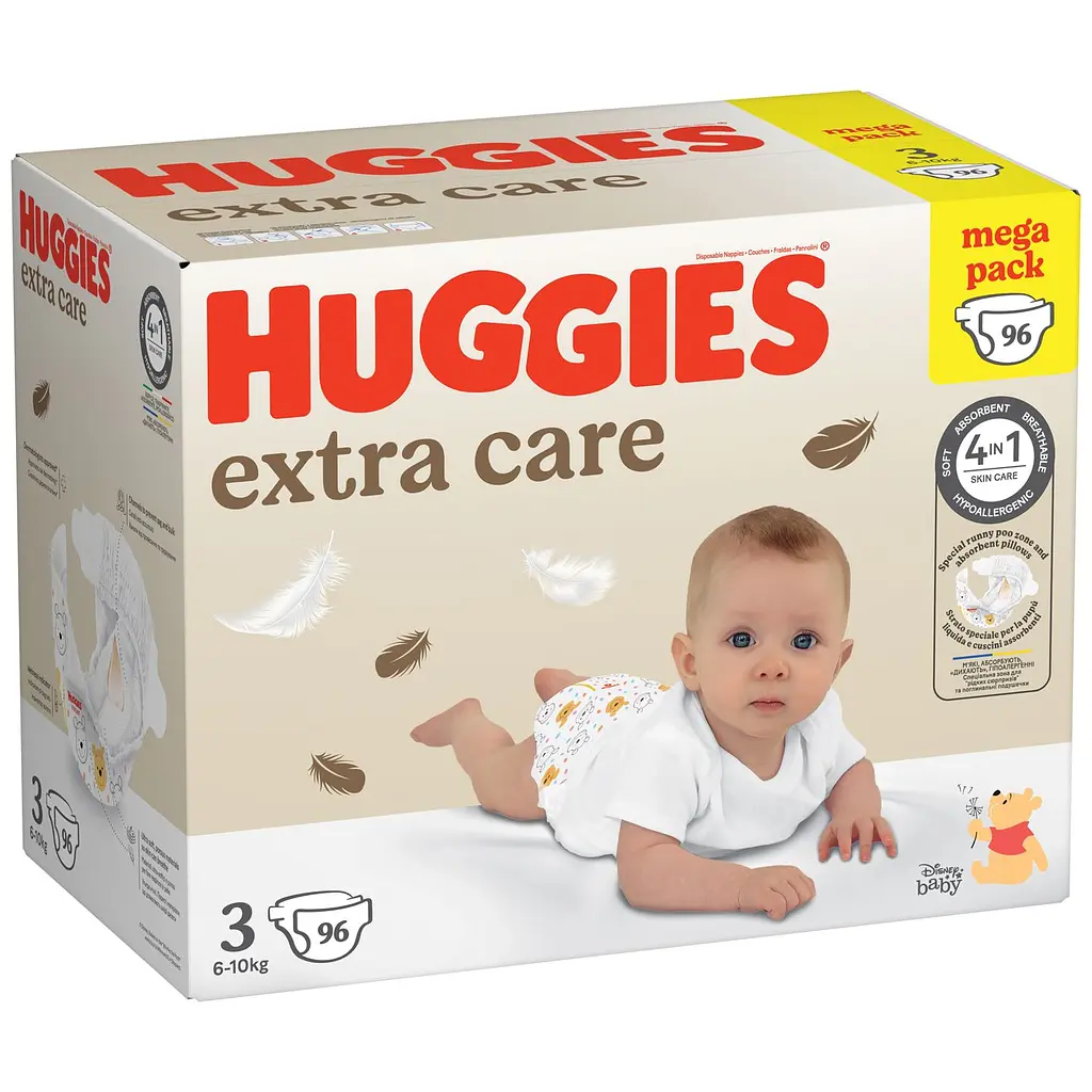 Набір підгузків Huggies Extra Care Box 3 (6-10 кг), 96 шт. + вологі серветки Huggies Pure без пластику 48 шт. - фото 2