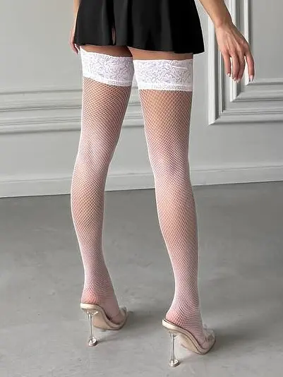 Панчохи жіночі у дрібну сітку з мереживною резинкою на силіконовій основі білі M/L - фото 4