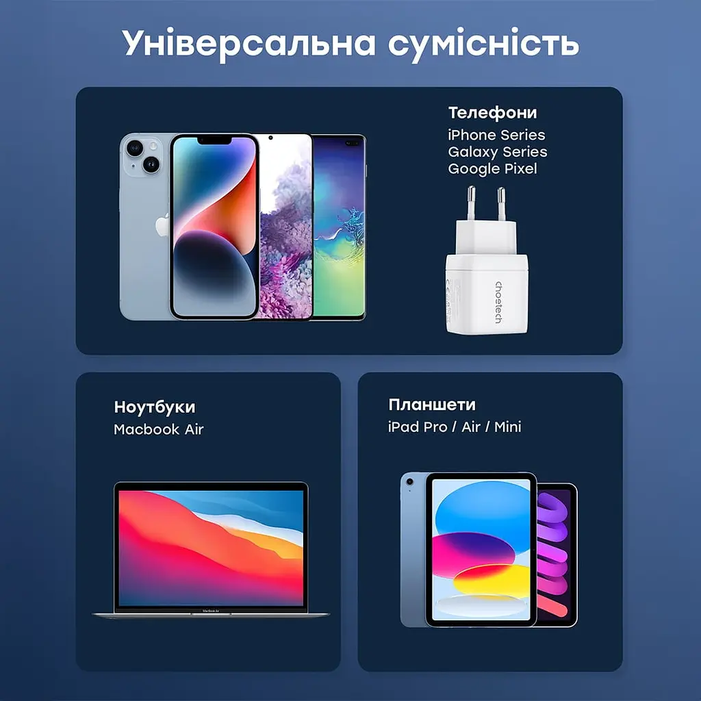 Мережевий зарядний пристрій Choetech PD6052 PD35W GAN A+C White (43-00128) - фото 6