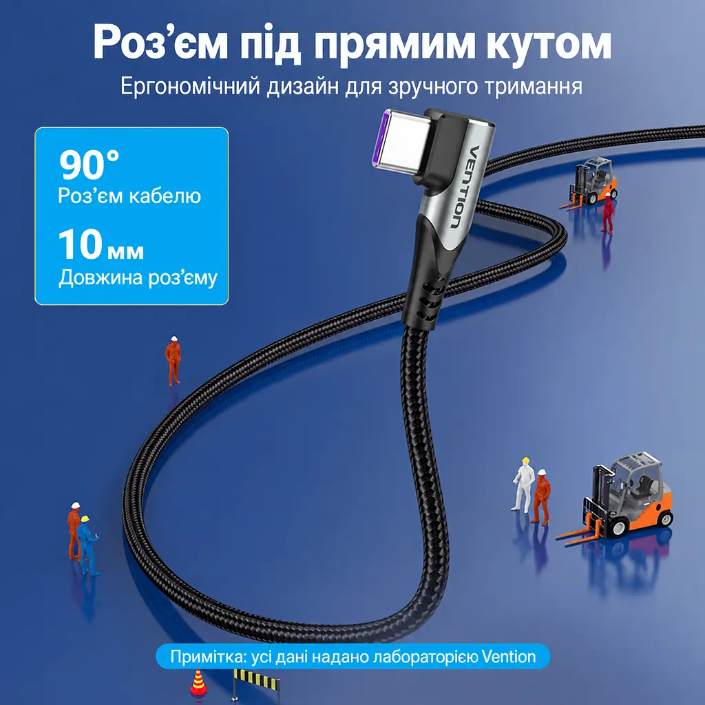 Кабель Vention TAKHD USB-C - USB-C кутовий 90° PD 100 Вт 0,5 м сірий (TAKHD) - фото 2