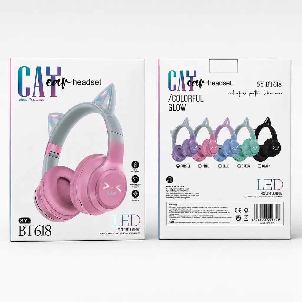 Дитячі бездротові навушники CATEAR BT618 з вушками та RGB-підсвіткою Bluetooth Синьо-рожеві - фото 6