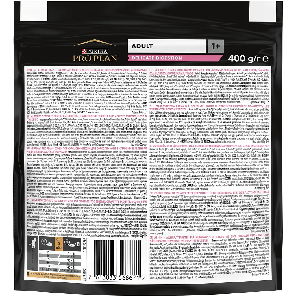 Сухий корм для котів з чутливим травленням Purina Pro Plan Adult 1+ Delicate Digestion, з індичкою, 400 г (12372502) - фото 2