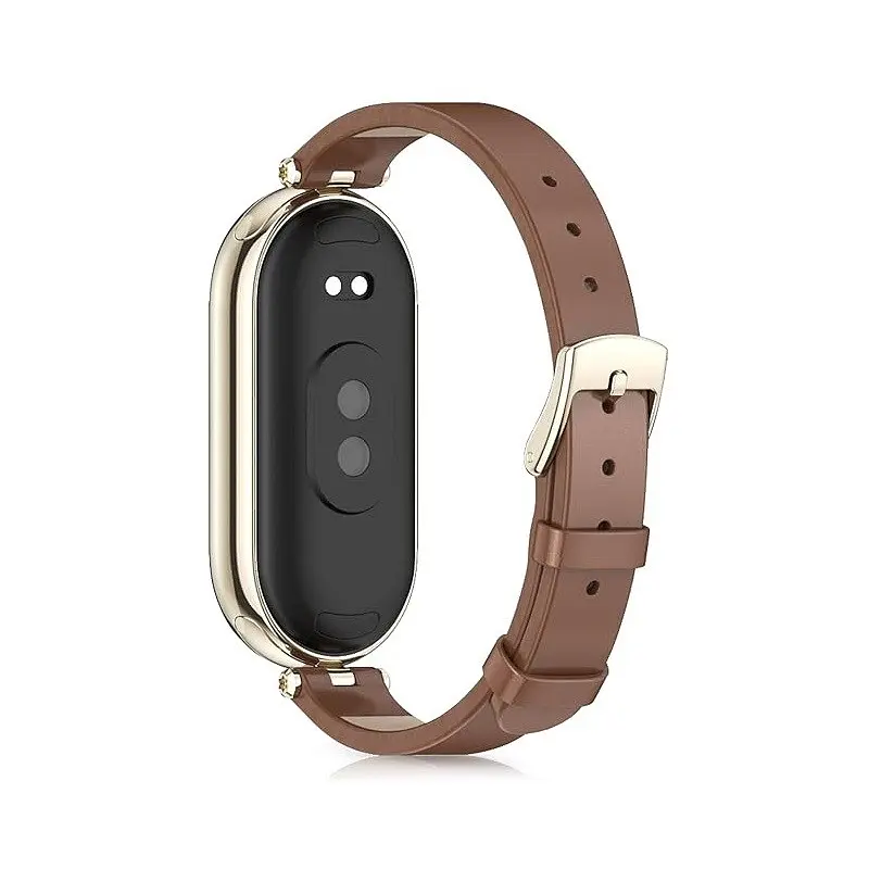 Шкіряний ремінець MiJobs для фітнес-браслета Xiaomi Mi Band 5 и 6 Type B коричневий, тримач - золотистий - фото 3