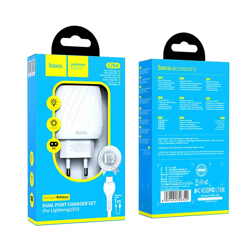 Зарядний адаптер із кабелем HOCO Lightning Cable Max energy C78A 2 порти білий комплект - фото 7