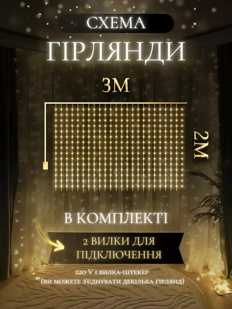 Світлодіодна штора на вікно новорічна гірлянда Теплий білий (30307091) - фото 2