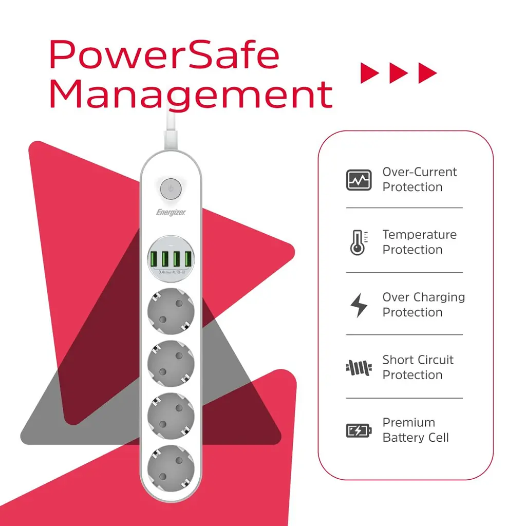 Сетевой фильтр Power filtr 2.0м Energizer 4 розетки, 4xUSB 3.4A, с заземлением белый (EPB2500W00EU) - фото 7