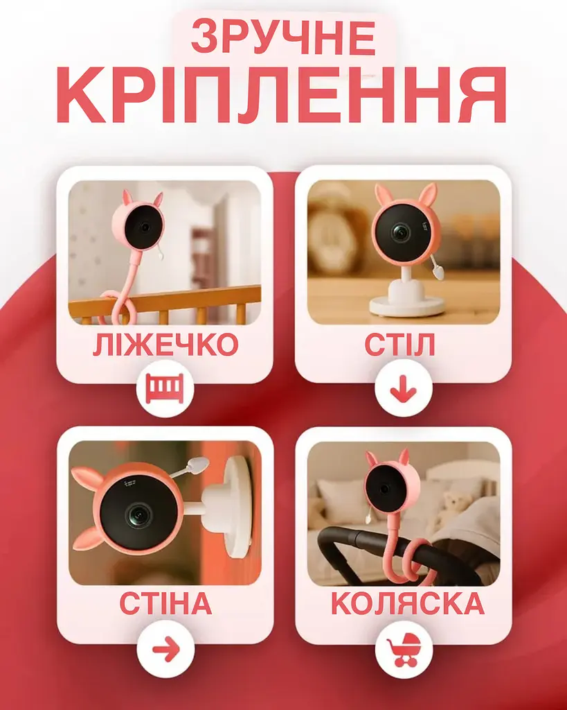 Видеоняня Baby Monitor с гибким креплением и подключением к смартфону Wifi/Bluetooth качество HD датчик звука, движения, ночное видение и колыбельные Розова - фото 5