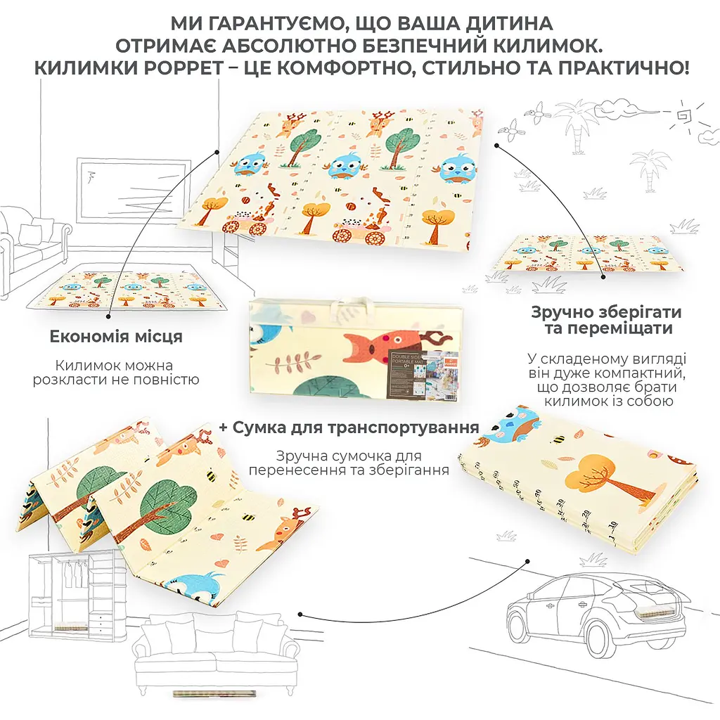 Дитячий килимок Poppet Малятко-жираф та Цифри-тварини двосторонній складний 150х180x1 см (PP021-150) - фото 6