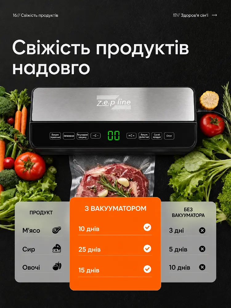 Потужний Вакууматор для продуктів Zepline Professional Vacuum Sealer 200 Вт Вакууматор для їжі з пакетами для вакуумування 200 Вт - фото 6
