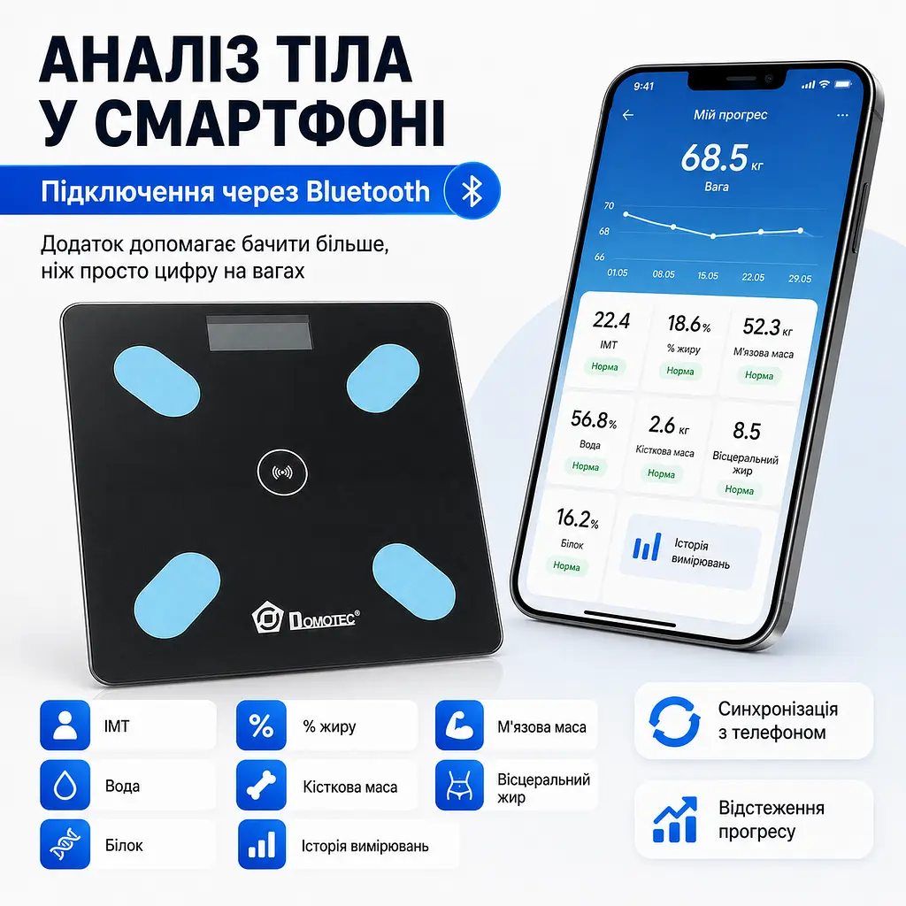 Підлогові скляні ваги DOMOTEC до 180 кг смарт-ваги з аналізом складу тіла, 12 показників, Bluetooth - фото 6