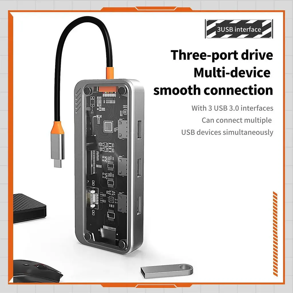USB type C HUB 10 in 1 PD100W 4K 30 Гц RJ45 USB 3.0 10 Гб/с - фото 6