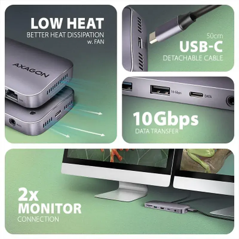 Концентратор AXAGON USB-C 12-in-1 HDMI + DisplayPort + RJ45 1000Mbps + PD100W aluminum gray (HMC-12GM2) - фото 6