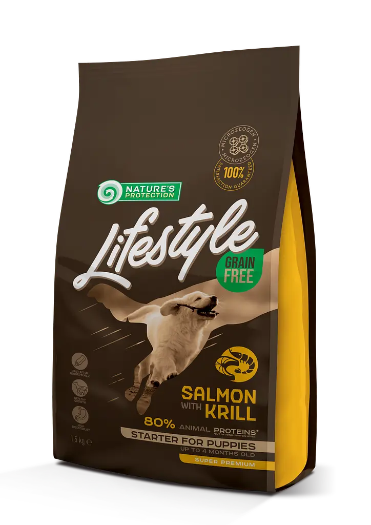 Беззерновий корм з лососем та крилем для цуценят (стартер) Nature's Protection Lifestyle Grain Free Salmon, 1.5 кг