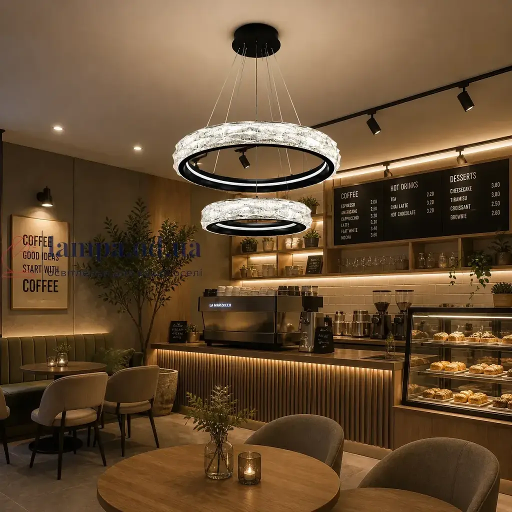 Стильна підвісна LED-люстра для кафе Diasha 583-600+400BK чорна, 2 кільця, 152Вт, 60 см, 15-21m²
